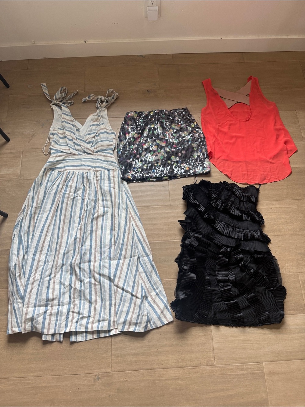 Lot of 4: free people linen maxi dress, asos strapless mini sheer,